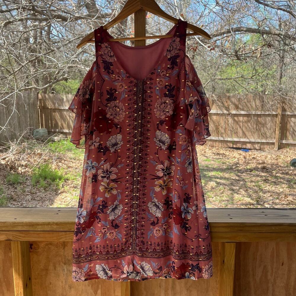 Laundry By Shelly Segal Baked Peach Floral Cold Shoulder Mini Dress Size 6. NEW - Picture 2 of 9